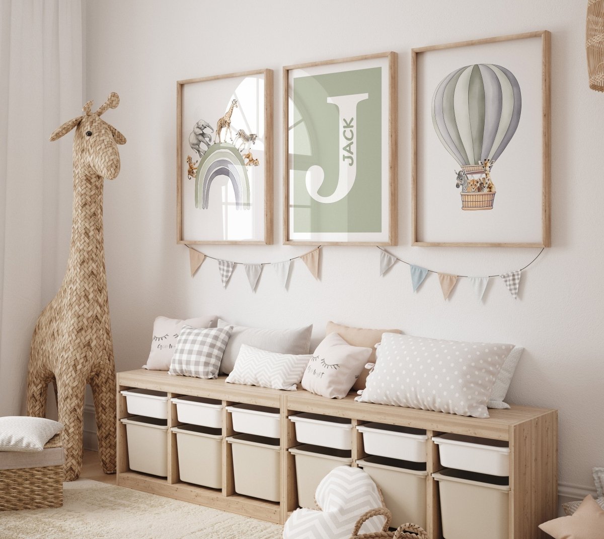 Personalised Hot Air Balloon & Rainbow Safari Animal Wall Art | Solid Colour | Set of 3 Nursery Prints - RoseRowanDesign - Wall Art