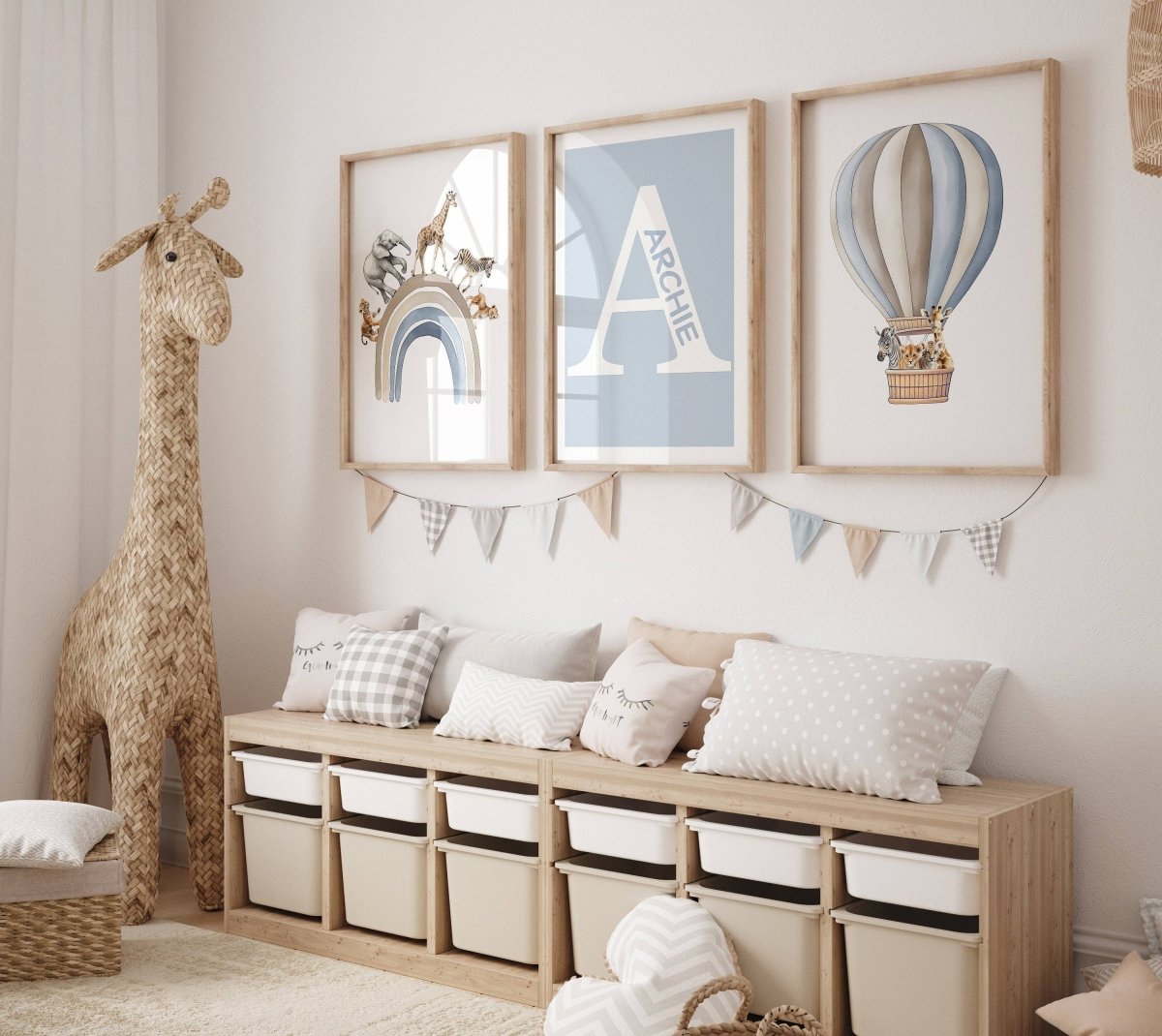 Personalised Hot Air Balloon & Rainbow Safari Animal Wall Art | Solid Colour | Set of 3 Nursery Prints - RoseRowanDesign - Wall Art