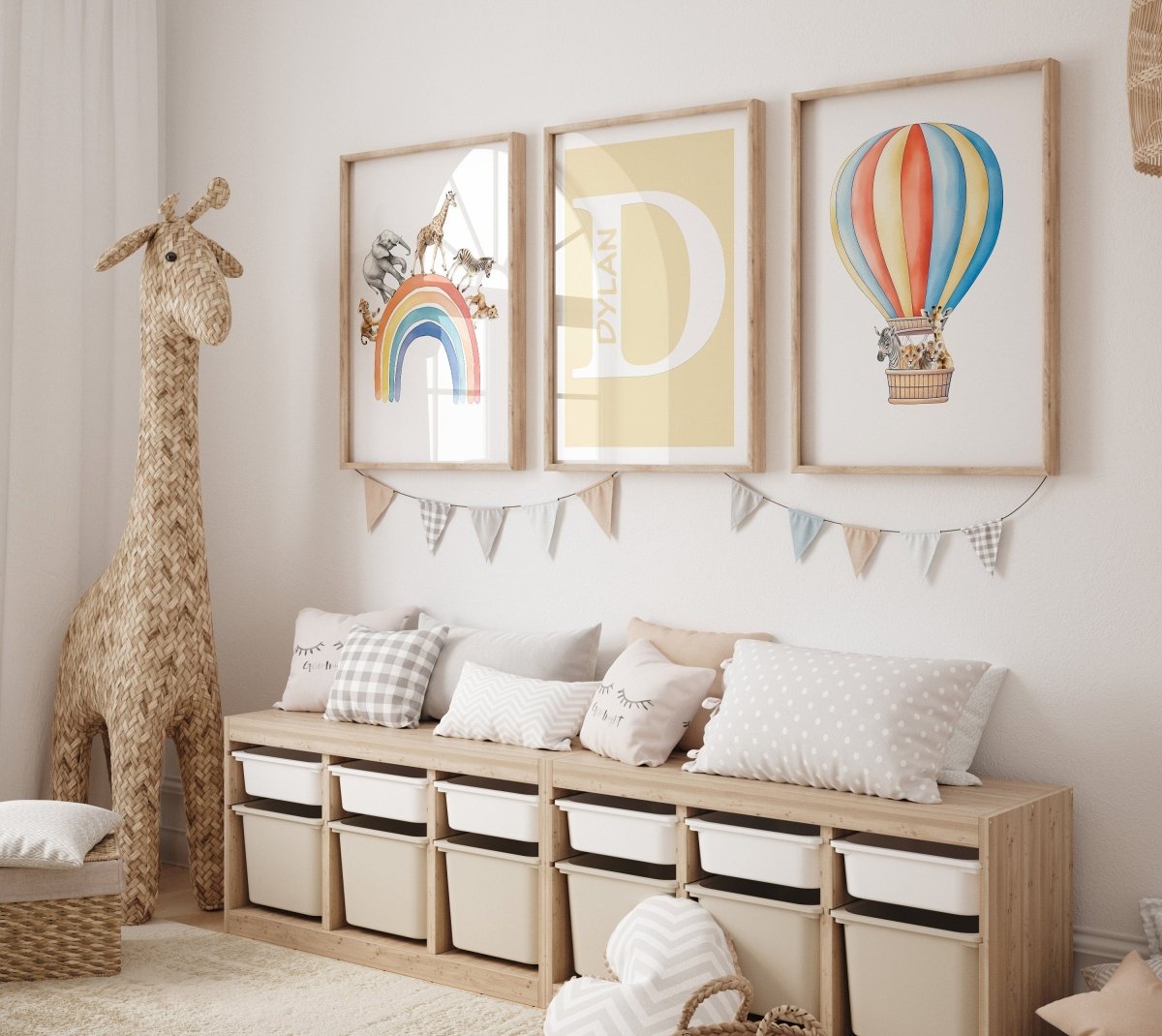 Personalised Hot Air Balloon & Rainbow Safari Animal Wall Art | Solid Colour | Set of 3 Nursery Prints - RoseRowanDesign - Wall Art
