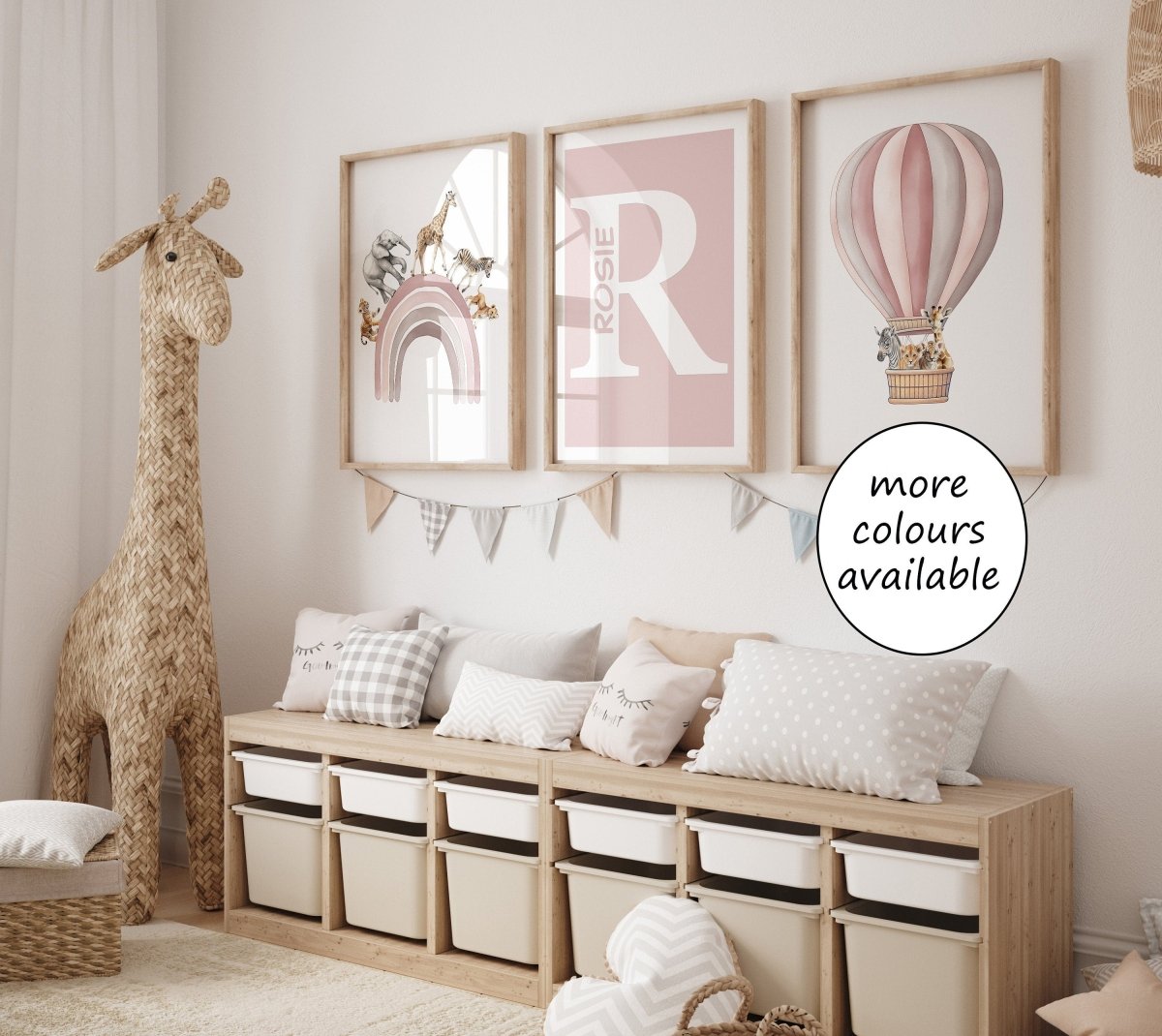 Personalised Hot Air Balloon & Rainbow Safari Animal Wall Art | Solid Colour | Set of 3 Nursery Prints - RoseRowanDesign - Wall Art