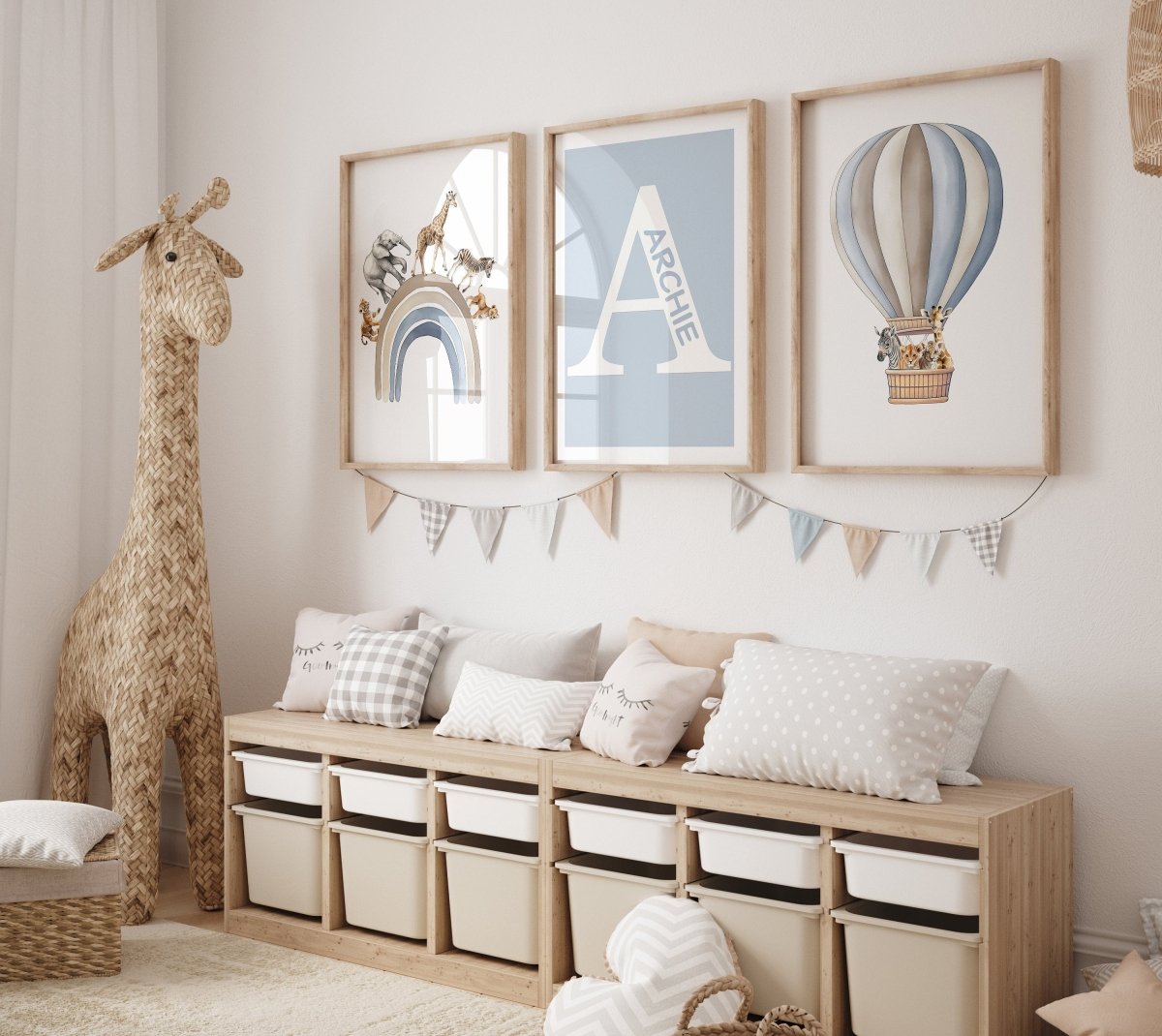 Personalised Hot Air Balloon & Rainbow Safari Animal Wall Art | Solid Colour | Set of 3 Nursery Prints - RoseRowanDesign - Wall Art