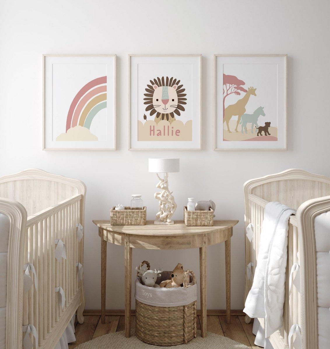 Personalised Lion Safari Animals Nursery Wall Art | Set of 3 | Earth Pink Tones - RoseRowanDesign - Wall Art