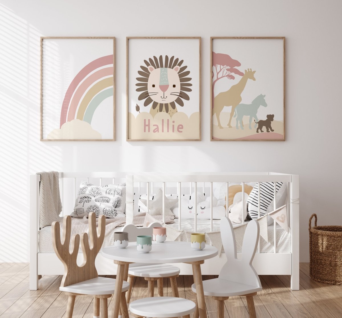 Personalised Lion Safari Animals Nursery Wall Art | Set of 3 | Earth Pink Tones - RoseRowanDesign - Wall Art