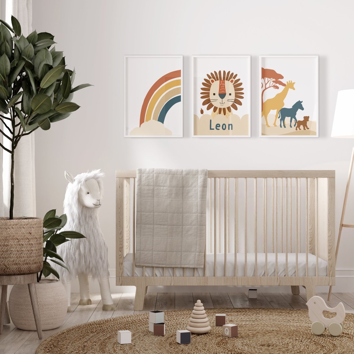 Personalised Lion | Set of 3 Prints | Neutral Earth Toned Rainbow & Safari Animals - RoseRowanDesign - Wall Art