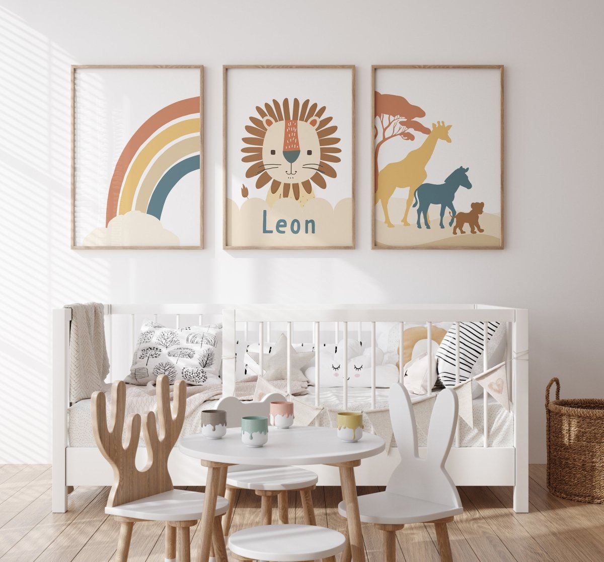 Personalised Lion | Set of 3 Prints | Neutral Earth Toned Rainbow & Safari Animals - RoseRowanDesign - Wall Art