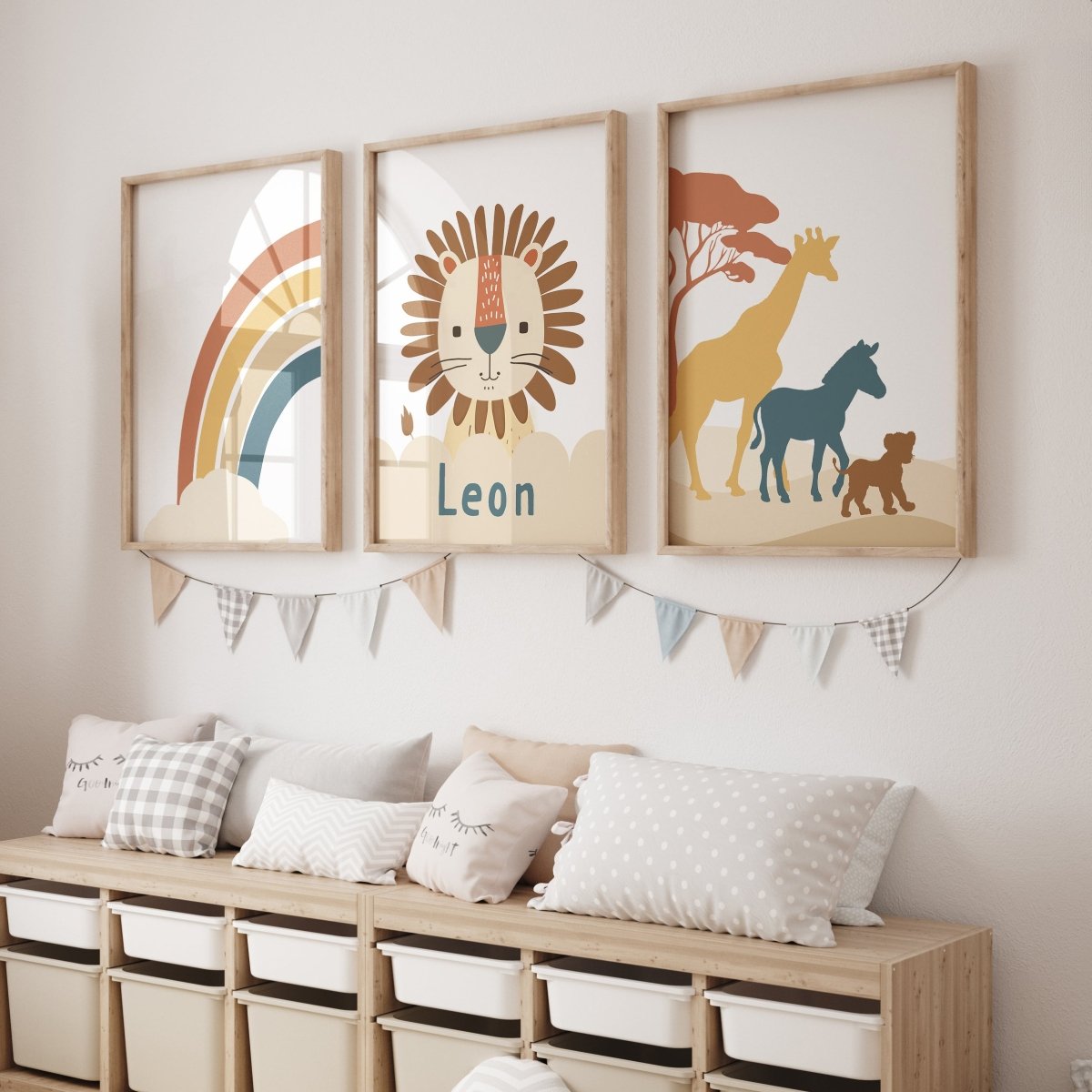Personalised Lion | Set of 3 Prints | Neutral Earth Toned Rainbow & Safari Animals - RoseRowanDesign - Wall Art