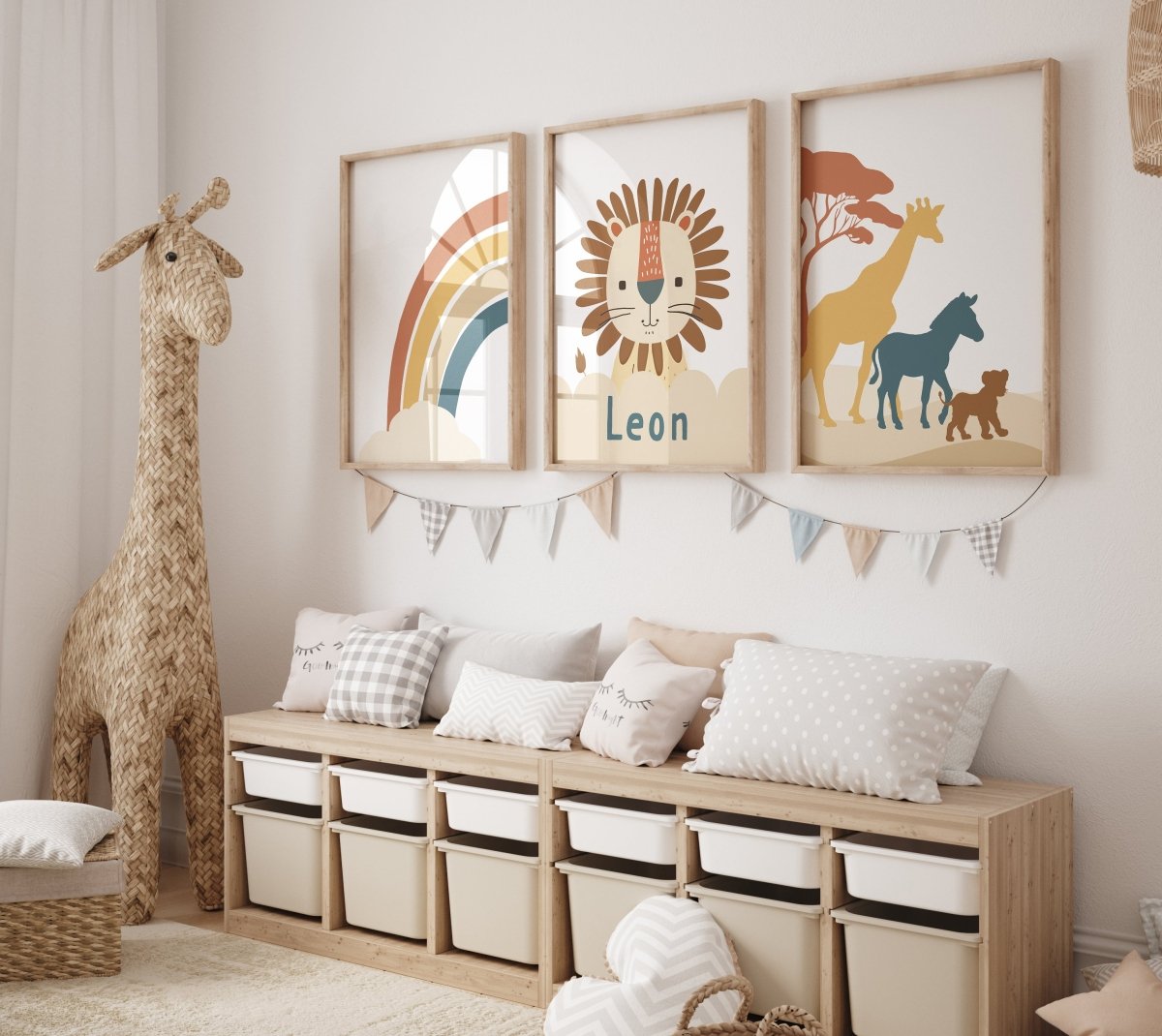 Personalised Lion | Set of 3 Prints | Neutral Earth Toned Rainbow & Safari Animals - RoseRowanDesign - Wall Art