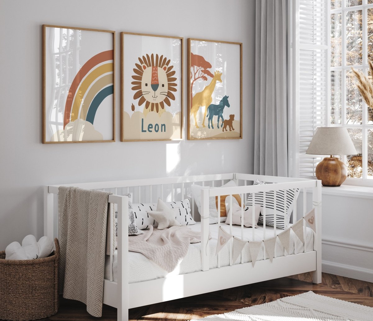 Personalised Lion | Set of 3 Prints | Neutral Earth Toned Rainbow & Safari Animals - RoseRowanDesign - Wall Art
