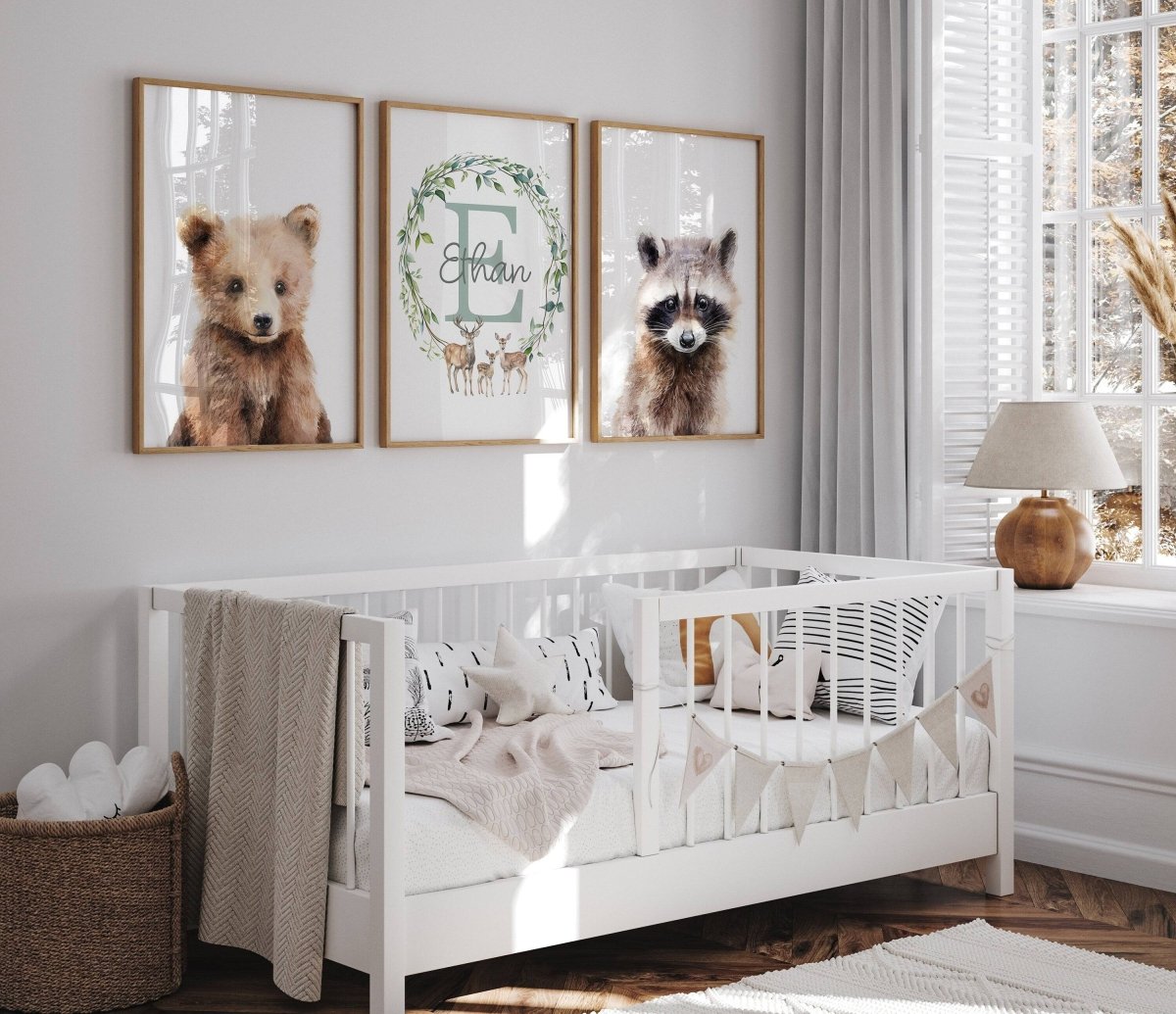 Personalised Name Woodland Animal Nursery Prints | Set of 3 Neutral Forest Wall Art for Baby Bedroom - RoseRowanDesign - Wall Art