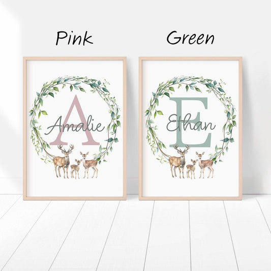 Personalised Name Woodland Animal Nursery Prints | Set of 3 Neutral Forest Wall Art for Baby Bedroom - RoseRowanDesign - Wall Art
