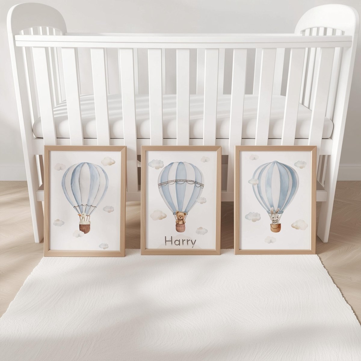 Personalised Nursery Wall Prints, Set of 3 Hot Air Balloon, Bunny Goose Bear Optional Frame Bedroom Decor Gift for Kid Room Playroom Posters - RoseRowanDesign -