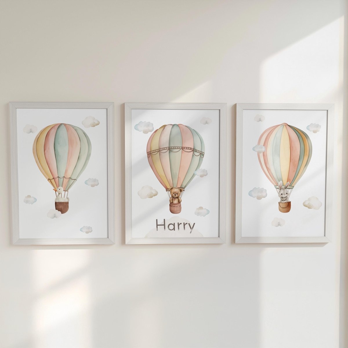 Personalised Nursery Wall Prints, Set of 3 Hot Air Balloon, Bunny Goose Bear Optional Frame Bedroom Decor Gift for Kid Room Playroom Posters - RoseRowanDesign -