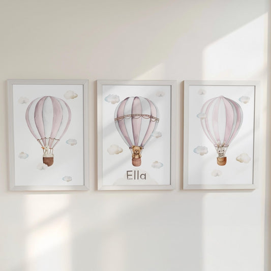 Personalised Nursery Wall Prints, Set of 3 Hot Air Balloon, Bunny Goose Bear Optional Frame Bedroom Decor Gift for Kid Room Playroom Posters - RoseRowanDesign -