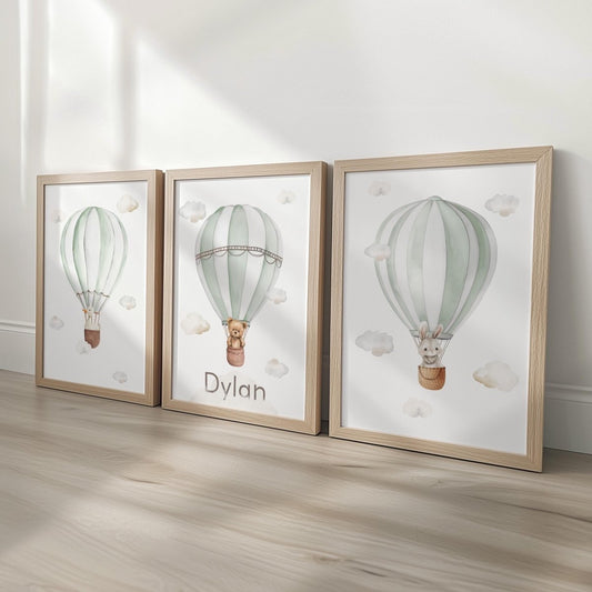 Personalised Nursery Wall Prints, Set of 3 Hot Air Balloon, Bunny Goose Bear Optional Frame Bedroom Decor Gift for Kid Room Playroom Posters - RoseRowanDesign -