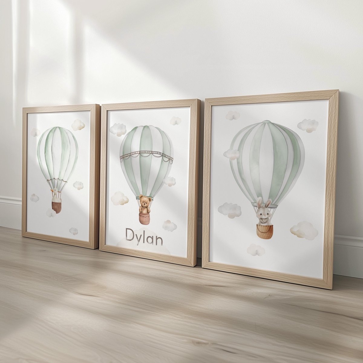 Personalised Nursery Wall Prints, Set of 3 Hot Air Balloon, Bunny Goose Bear Optional Frame Bedroom Decor Gift for Kid Room Playroom Posters - RoseRowanDesign -