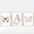Load image into Gallery viewer, Personalised Pink Butterflies | Set of 3 Nursery Wall Art | Girls' Room Decor - RoseRowanDesign -