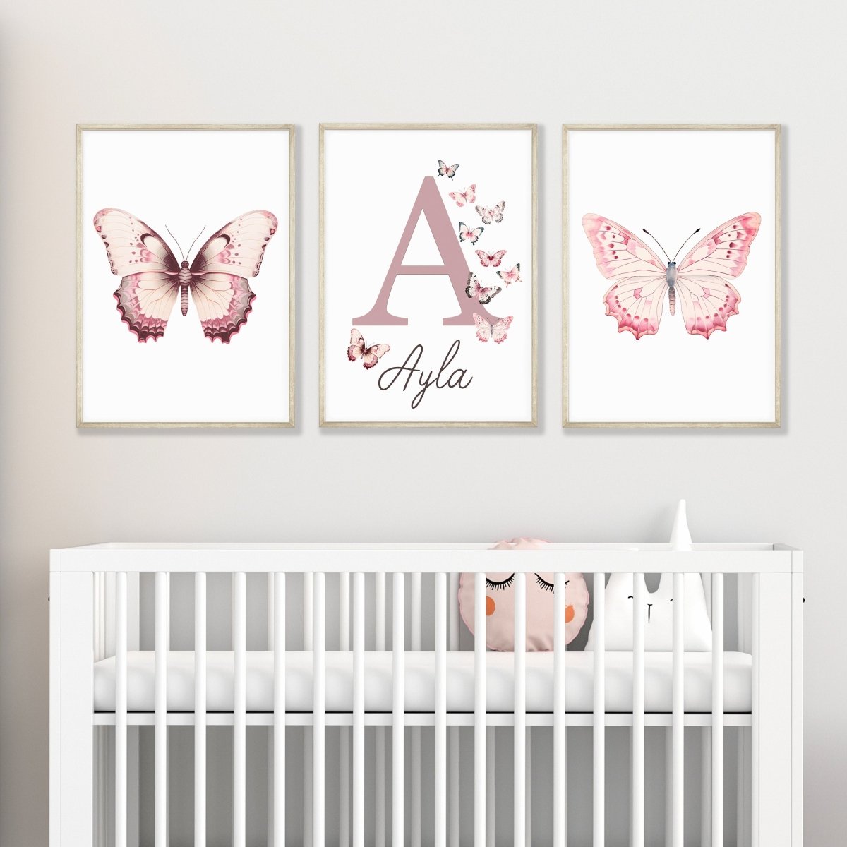 Personalised Pink Butterflies | Set of 3 Nursery Wall Art | Girls' Room Decor - RoseRowanDesign -