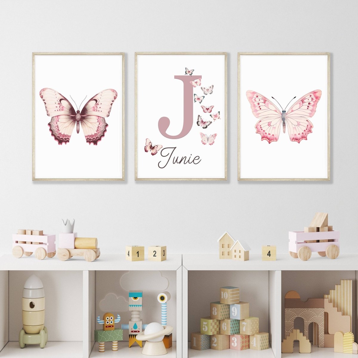 Personalised Pink Butterflies | Set of 3 Nursery Wall Art | Girls' Room Decor - RoseRowanDesign -