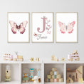 Load image into Gallery viewer, Personalised Pink Butterflies | Set of 3 Nursery Wall Art | Girls' Room Decor - RoseRowanDesign -