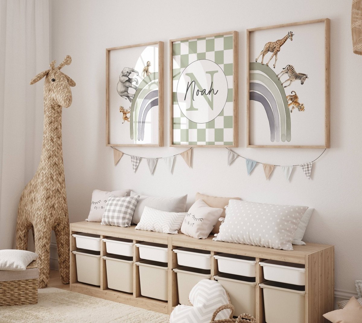 Personalised Rainbow & Safari Animal Wall Art | Checkerboard Rainbow | Set of 3 Nursery Prints - RoseRowanDesign - Wall Art