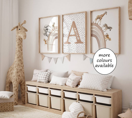 Personalised Rainbow & Safari Animal Wall Art | Polka Dots Rainbow | Set of 3 Nursery Prints - RoseRowanDesign - Wall Art