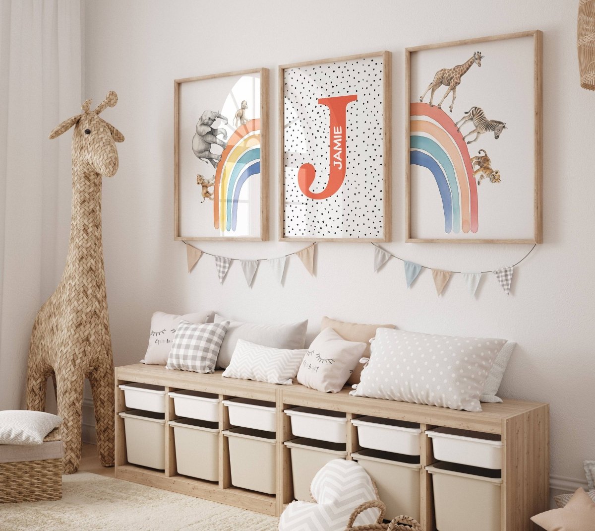Personalised Rainbow & Safari Animal Wall Art | Polka Dots Rainbow | Set of 3 Nursery Prints - RoseRowanDesign - Wall Art