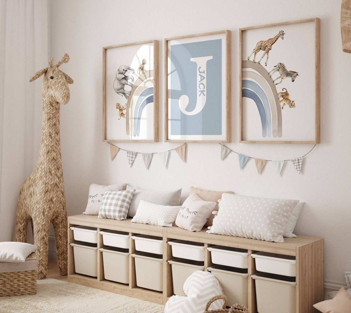 Personalised Rainbow & Safari Animal Wall Art | Solid Colour Rainbow | Set of 3 Nursery Prints - RoseRowanDesign - Wall Art