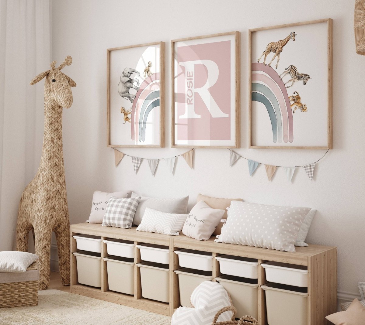 Personalised Rainbow & Safari Animal Wall Art | Solid Colour Rainbow | Set of 3 Nursery Prints - RoseRowanDesign - Wall Art