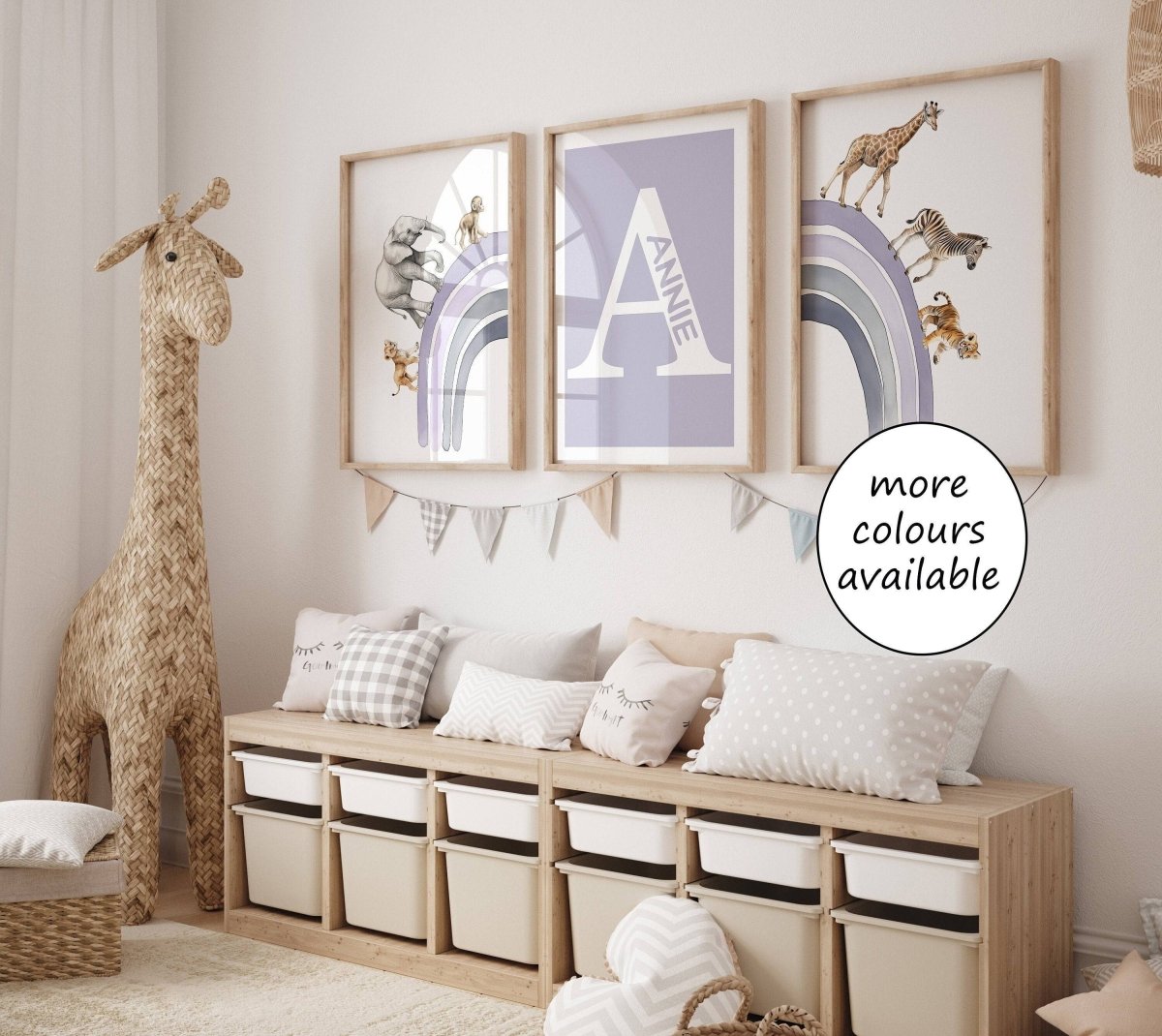 Personalised Rainbow & Safari Animal Wall Art | Solid Colour Rainbow | Set of 3 Nursery Prints - RoseRowanDesign - Wall Art