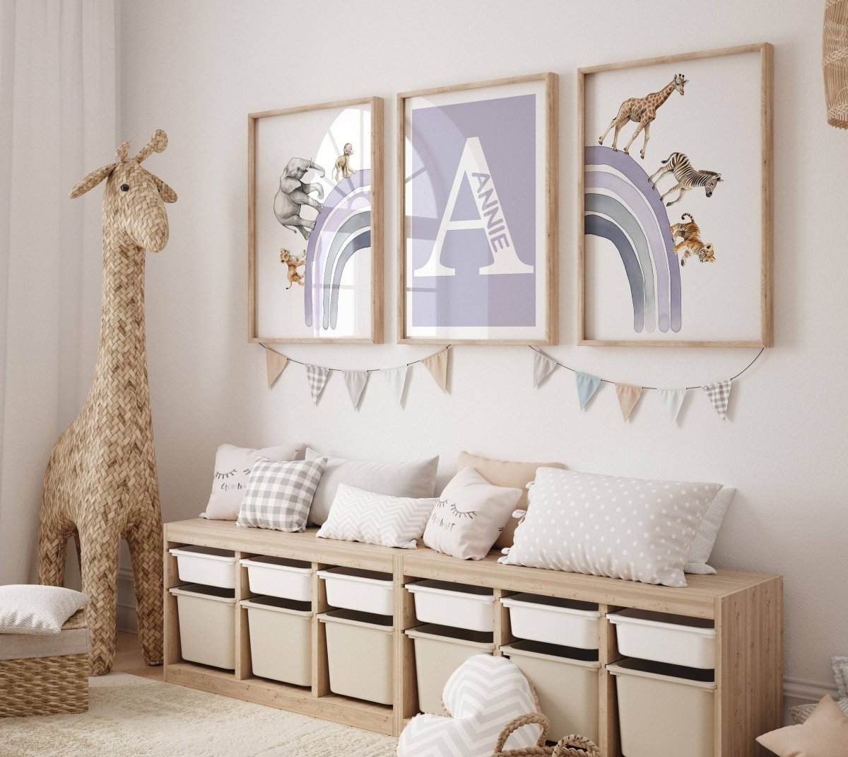 Personalised Rainbow & Safari Animal Wall Art | Solid Colour Rainbow | Set of 3 Nursery Prints - RoseRowanDesign - Wall Art