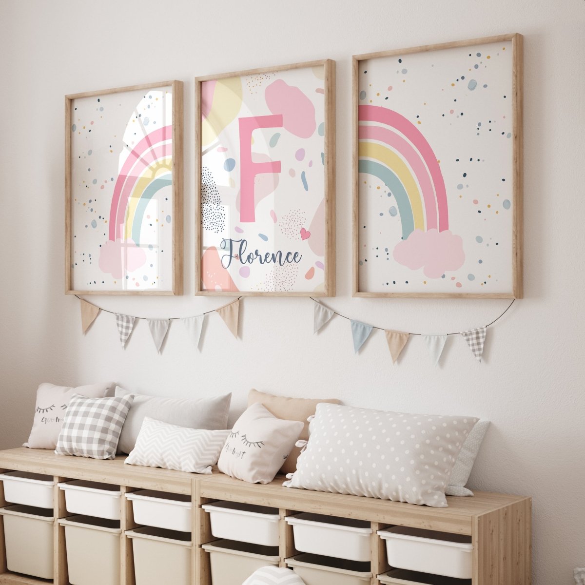 Personalised Rainbow | Set of 3 Prints | Pink Girls Room Print Set - RoseRowanDesign - Wall Art