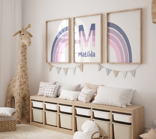 Personalised Rainbow | Set of 3 Prints | Purple Girls Room Print Set - RoseRowanDesign - Wall Art