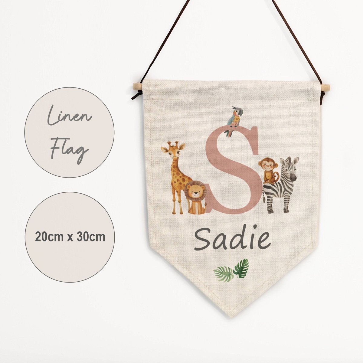 Personalised Safari Animal Name Pennant | Kids Room Banner & Nursery Wall Flag - RoseRowanDesign -