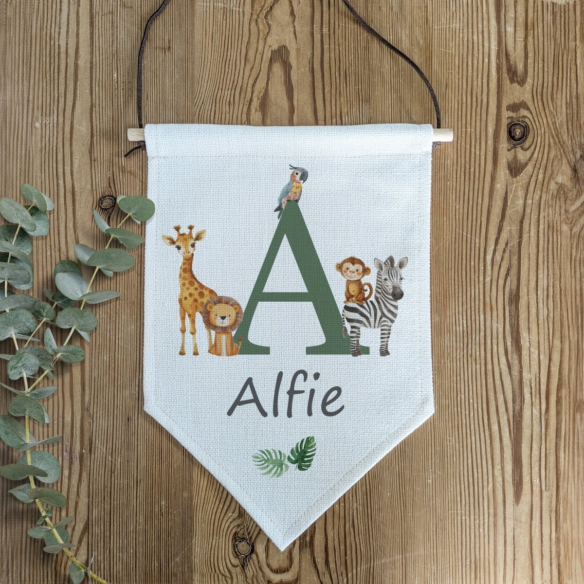 Personalised Safari Animal Name Pennant | Kids Room Banner & Nursery Wall Flag - RoseRowanDesign -