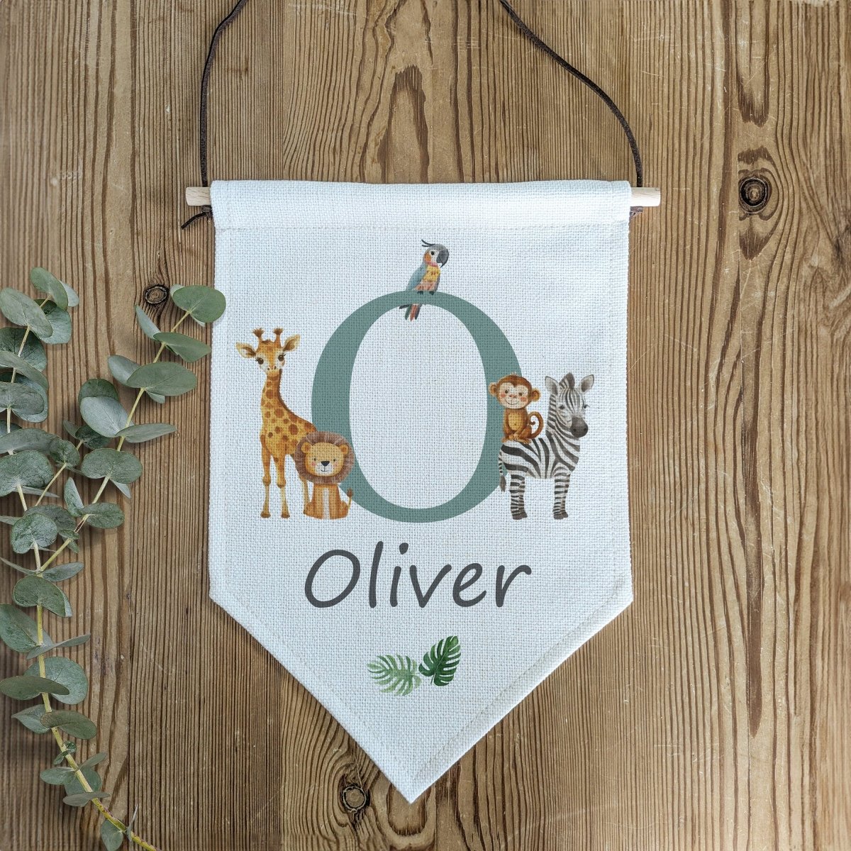 Personalised Safari Animal Name Pennant | Kids Room Banner & Nursery Wall Flag - RoseRowanDesign -