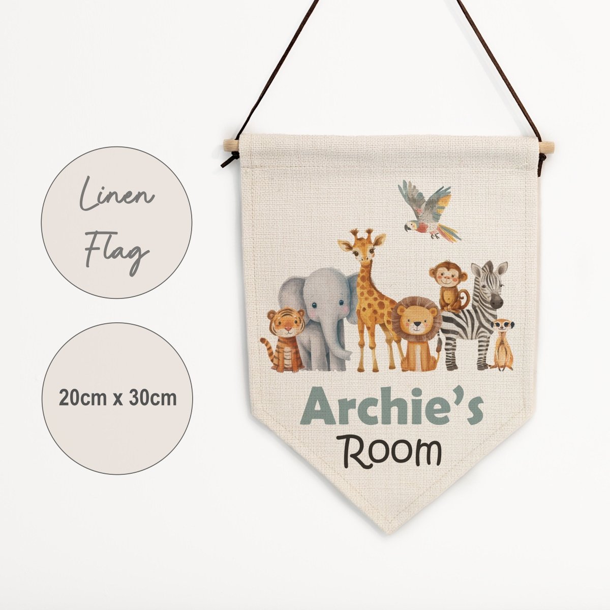 Personalised Safari Animal Name Pennant Wall Flag | Kids Room Decor & Door Hanger - RoseRowanDesign -