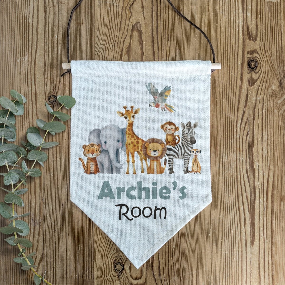 Personalised Safari Animal Name Pennant Wall Flag | Kids Room Decor & Door Hanger - RoseRowanDesign -