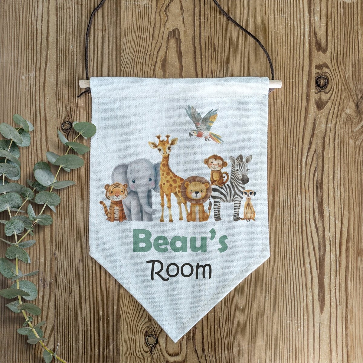 Personalised Safari Animal Name Pennant Wall Flag | Kids Room Decor & Door Hanger - RoseRowanDesign -