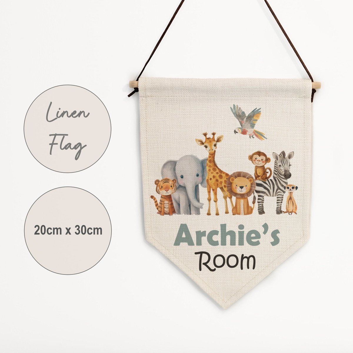 Personalised Safari Animal Name Pennant Wall Flag | Kids Room Decor & Door Hanger - RoseRowanDesign -
