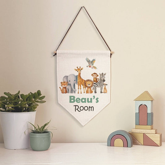 Personalised Safari Animal Name Pennant Wall Flag | Kids Room Decor & Door Hanger - RoseRowanDesign -