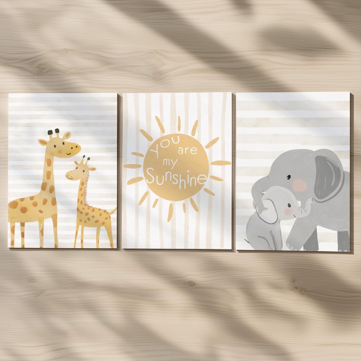 Personalised Safari Animal Nursery Prints – Set of 3 Giraffe & Elephant Wall Art - RoseRowanDesign -