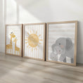 Load image into Gallery viewer, Personalised Safari Animal Nursery Prints – Set of 3 Giraffe & Elephant Wall Art - RoseRowanDesign -