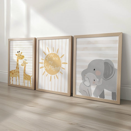 Personalised Safari Animal Nursery Prints – Set of 3 Giraffe & Elephant Wall Art - RoseRowanDesign -