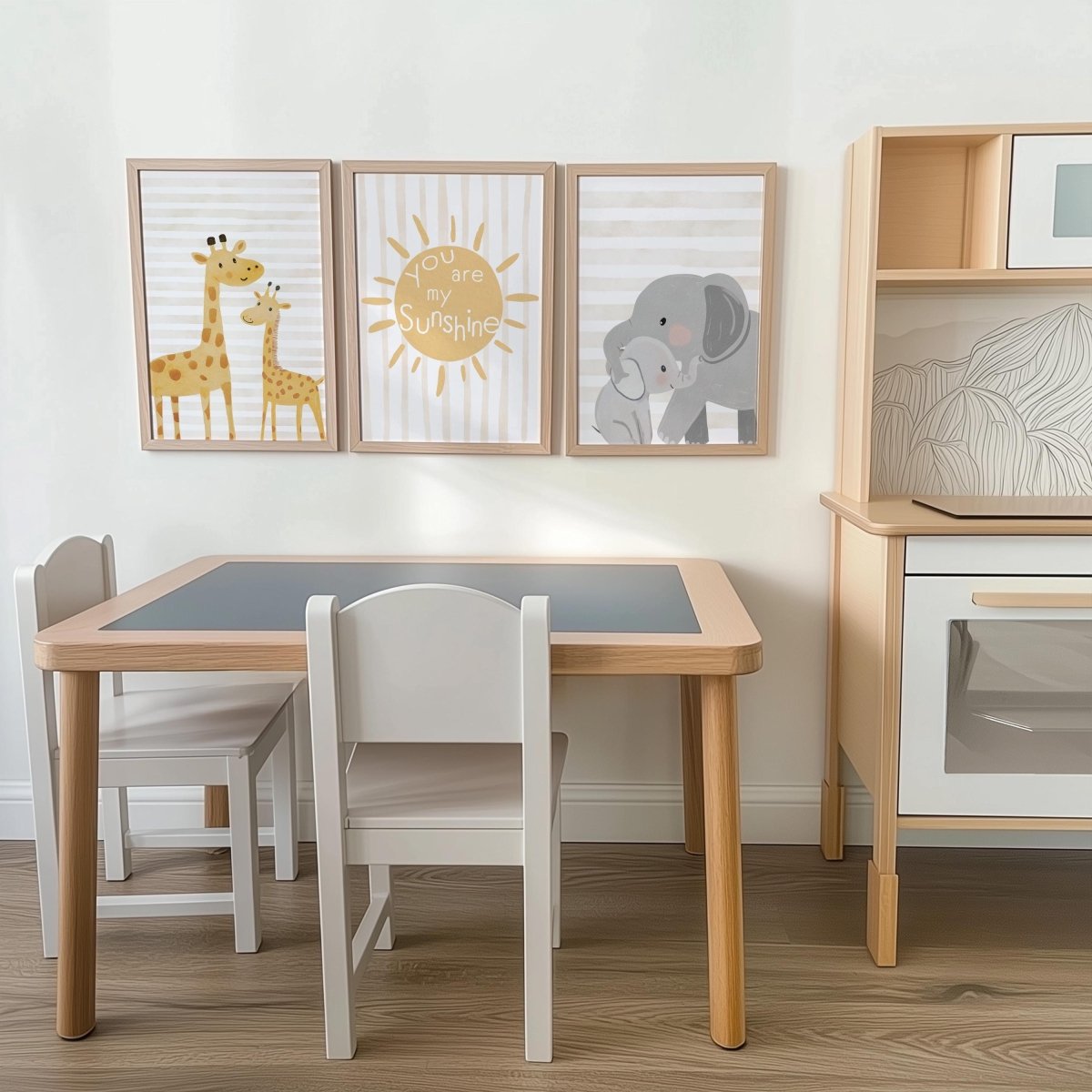 Personalised Safari Animal Nursery Prints – Set of 3 Giraffe & Elephant Wall Art - RoseRowanDesign -