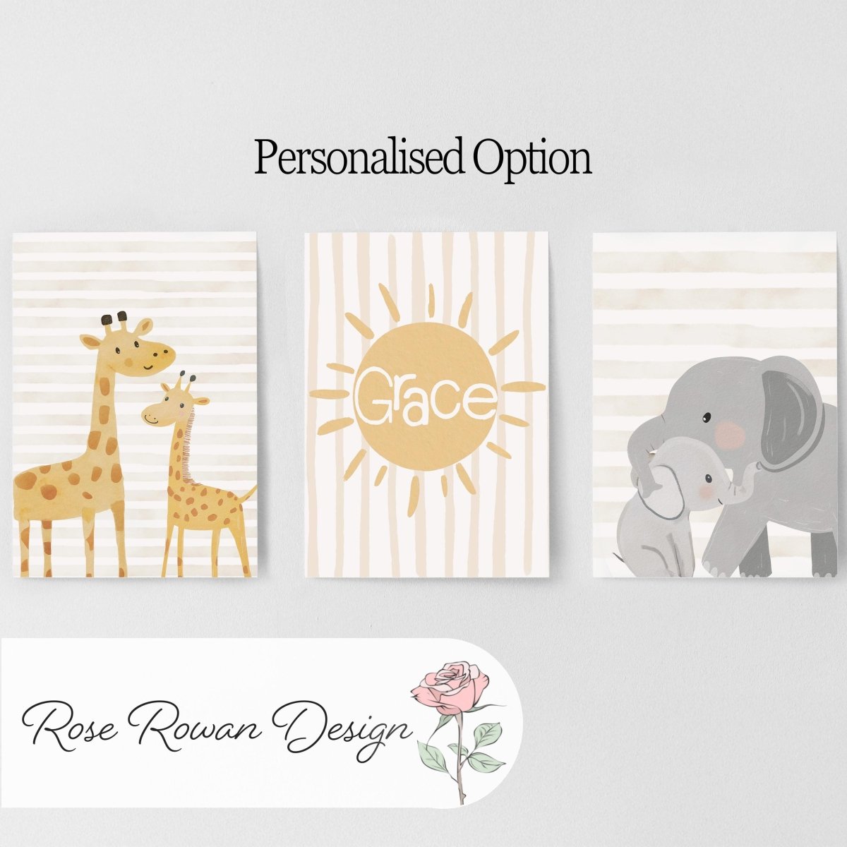 Personalised Safari Animal Nursery Prints – Set of 3 Giraffe & Elephant Wall Art - RoseRowanDesign -