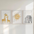 Load image into Gallery viewer, Personalised Safari Animal Nursery Prints – Set of 3 Giraffe & Elephant Wall Art - RoseRowanDesign -