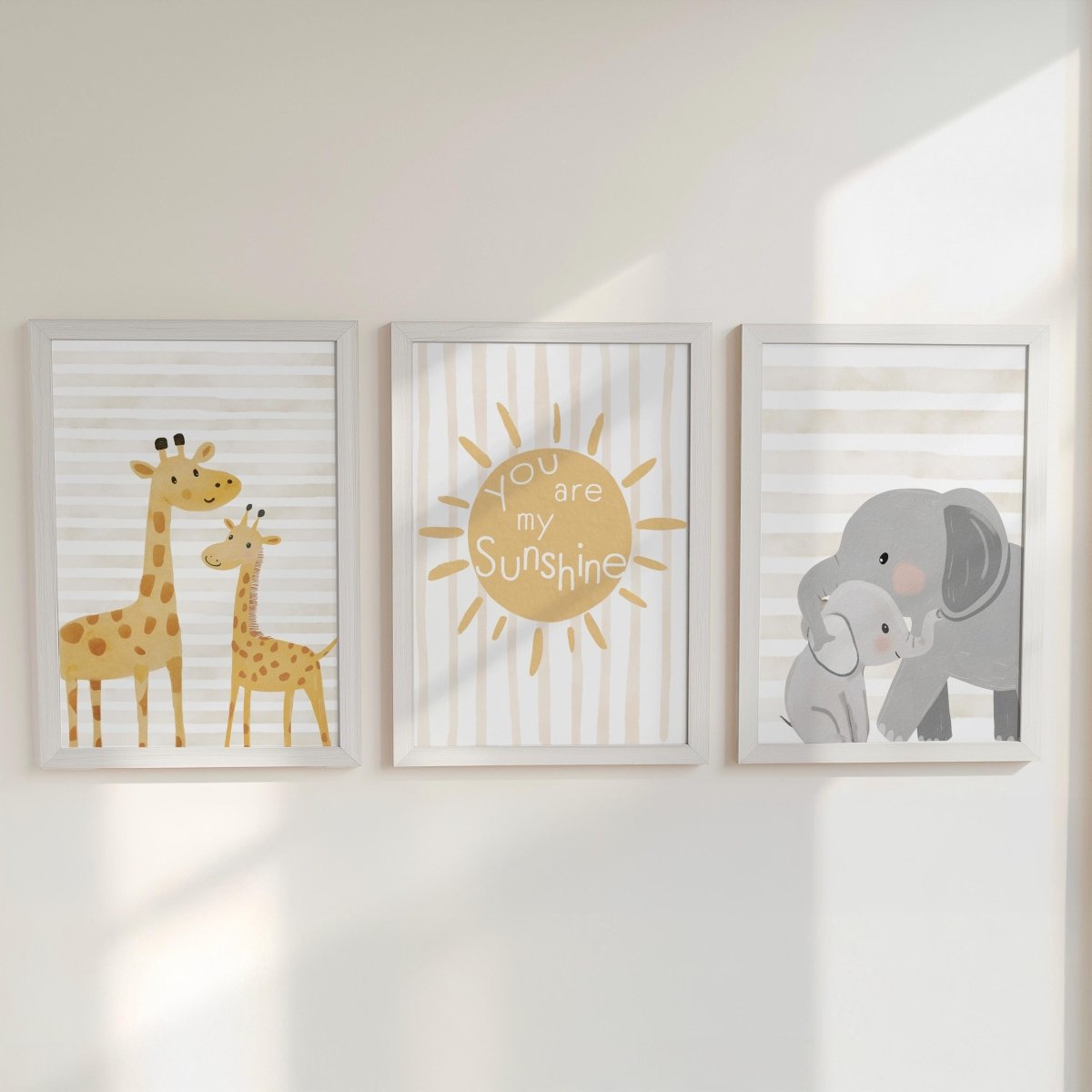 Personalised Safari Animal Nursery Prints – Set of 3 Giraffe & Elephant Wall Art - RoseRowanDesign -