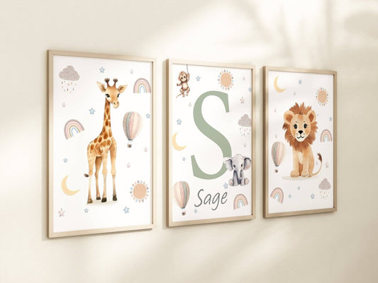 Personalised Safari Animal Prints | Set of 3 Boho Nursery Wall Art for Baby’s Room - RoseRowanDesign -