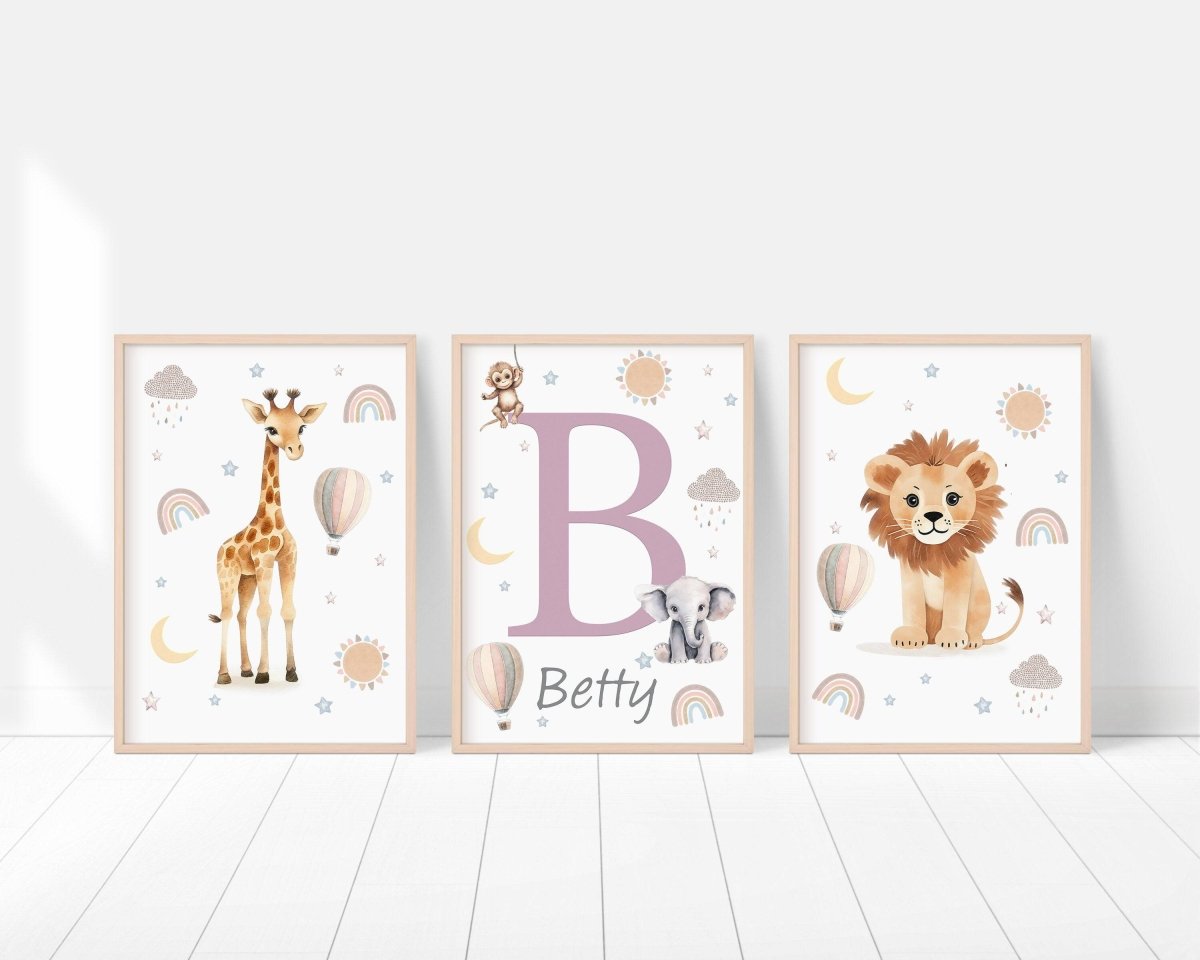 Personalised Safari Animal Prints | Set of 3 Boho Nursery Wall Art for Baby’s Room - RoseRowanDesign -