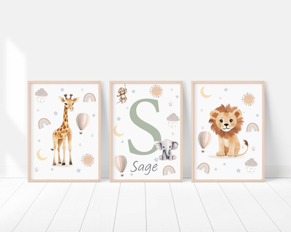 Personalised Safari Animal Prints | Set of 3 Boho Nursery Wall Art for Baby’s Room - RoseRowanDesign -